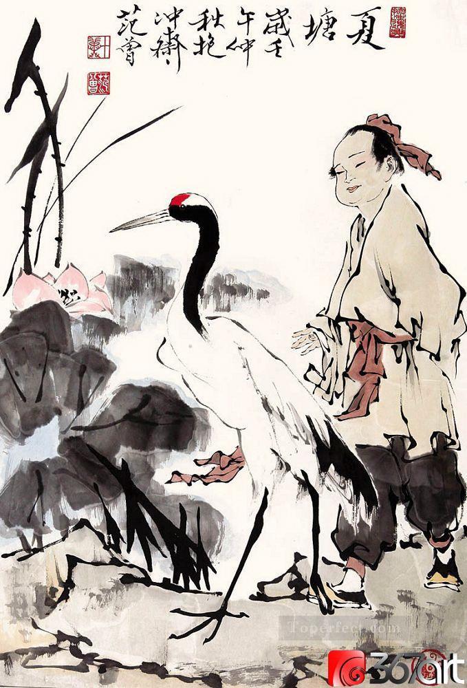 Fangzeng boy and crane old Chinese Oil Paintings